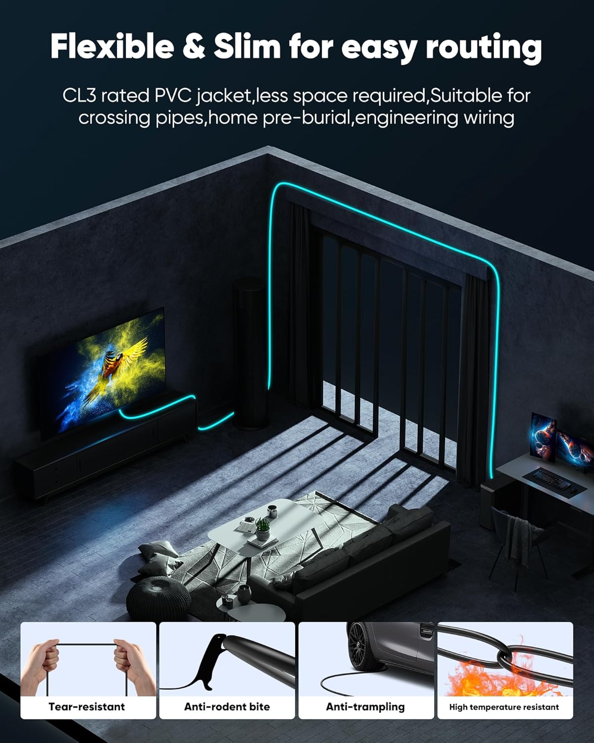 15 4K 8K 10K 2.1 CL3 8K@60Hz 4K@120Hz 48Gbps], Highwings Long HDMI Cable FT, HDMI Cord Ultra High Speed [in-Wall Rated