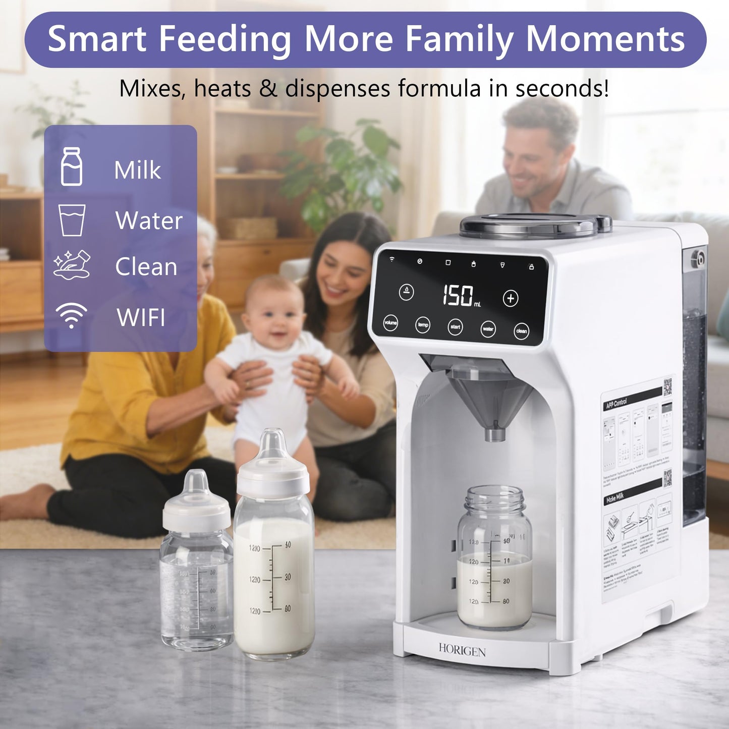 Horigen Smart Baby Formula Maker - Advanced WiFi Bottle Maker Formula Machine with Automatic Mix & Clean, Instant Warm Water, Fast Milk Make with Accurate Dispensing & Temperature Control