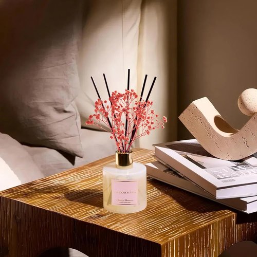 COCORRÍNA Reed Diffuser - Cherry Blossom Scented 6.7 Fl. Oz Set with Sticks & Baby's Breath Decor