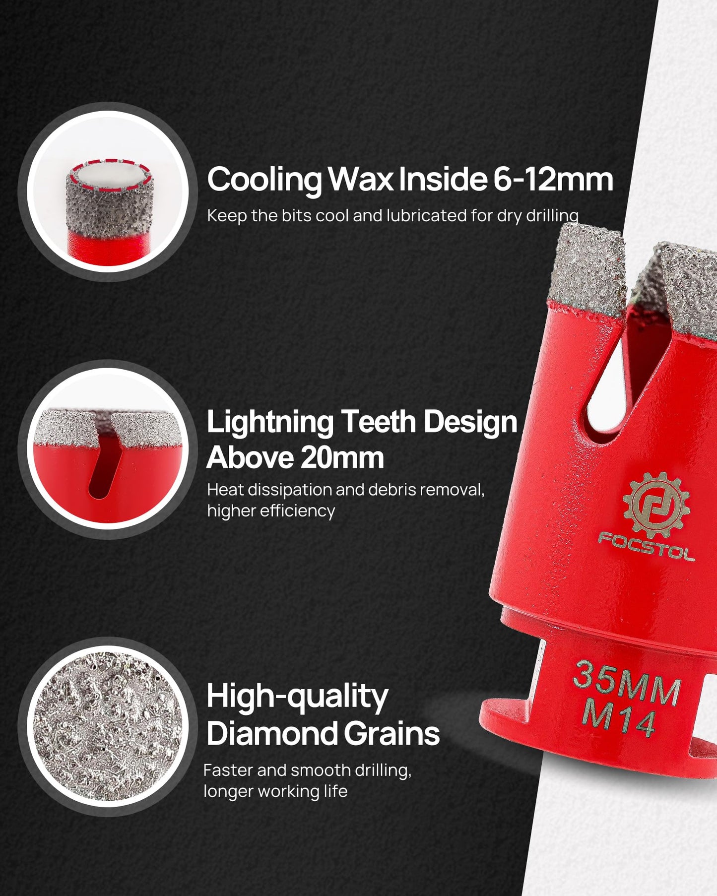 FOCSTOL Diamond Tile Hole Saw Kit 14pcs - (6/8/10/25/35/50/75/100/125mm+20mm Milling Bit+50mm Chamfer Bit+Hex+SDS+115mm Cutting Disc) Diamond Core Drill Bit Set for Porcelain, Tile, Ceramic, Marble