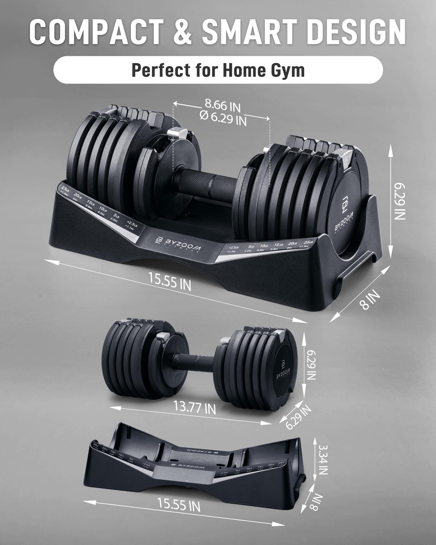 BYZOOM FITNESS Pure Series Adjustable Dumbbell 27.5LB Single Unit(Buy 2 for a Pair) - 10-in-1 Adjustable Weights with Precision Micro Plates, for Strength Training & Fitness Workouts at Home Gym, Garage Gym, Small Apartments, Black