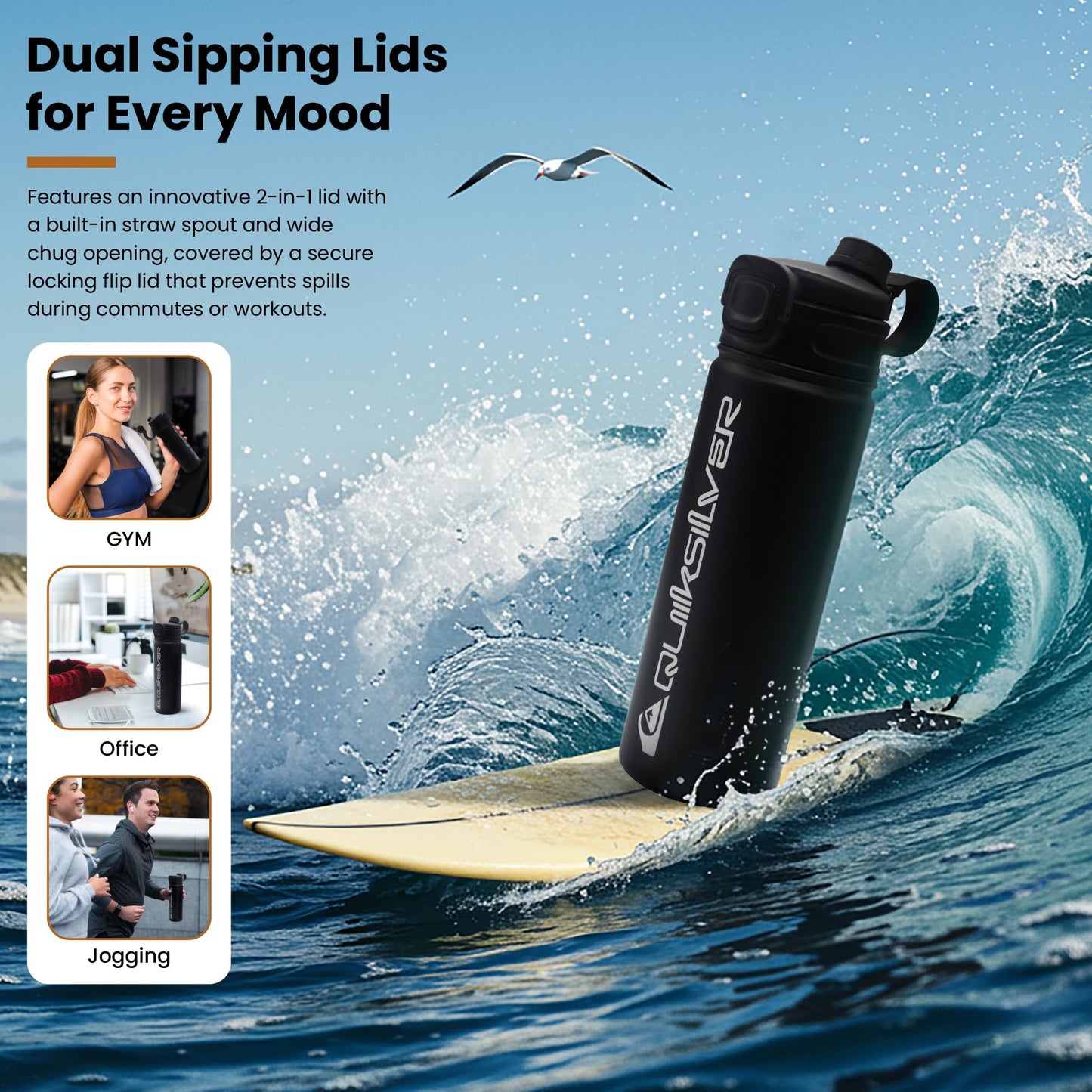 Quiksilver Laguna 32oz Tripple Wall Stainless Steel Water Bottle, Reusuable Sports Bottle with Leak-Proof Straw and Spout Lid, Non-Slip Rubber Base, Carrier Handle, 24H Hot & Cold Insulated Tumbler