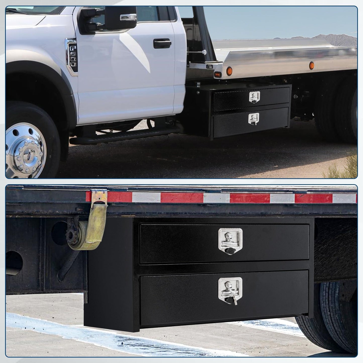 24'' Black Steel Truck Tool Box with Drawer, Heavy Duty Two-Tier Underbody Storage Organizer with Lock and Keys, Waterproof Pickup Truck Bed Toolbox for RV, Trailer, Cargo Equipment 24" x 18" x 20''