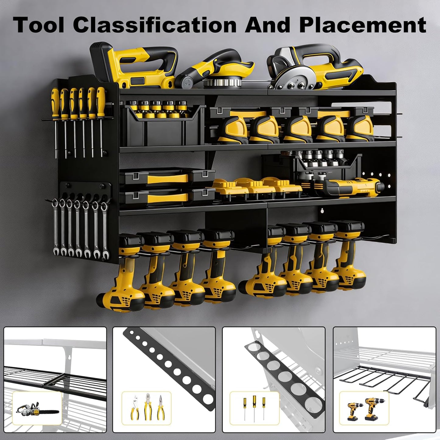 Oviitech Power Tool Organizer - Heavy Duty Wall Mount Storage Rack | 8 Drill Holder, 400lbs Capacity, Black