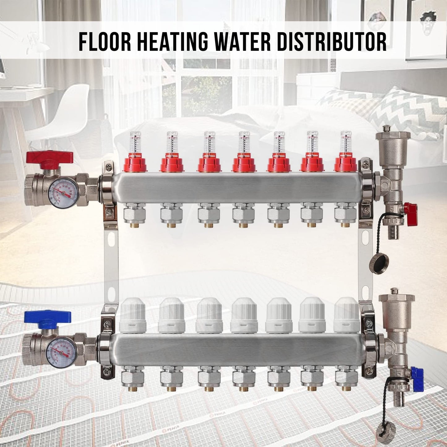 7 Loop PEX Plumbing Manifold - Stainless Steel Radiant Floor Heating Manifold - PEX Tubing Manifold With 2 Wire Actuators (1/2" PEX Adapters included)