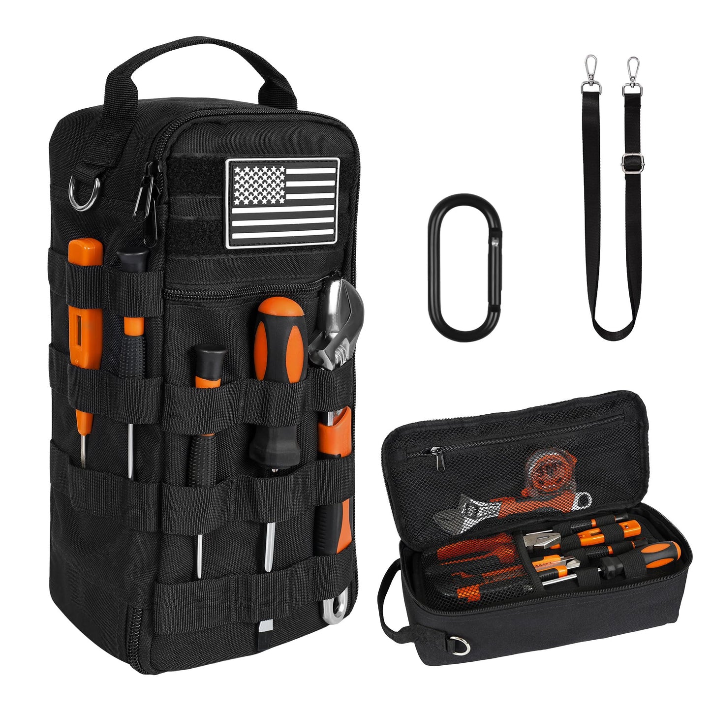 AASTT 13 Inch Portable Small Tool Bag, Heavy Duty Tool Organizer Bag with Shoulder Strap and D-ring Clip, Tactical Tool Bag, Tool Pouch Bag for Electricians, Carpenters, HVAC Technicians (Black)