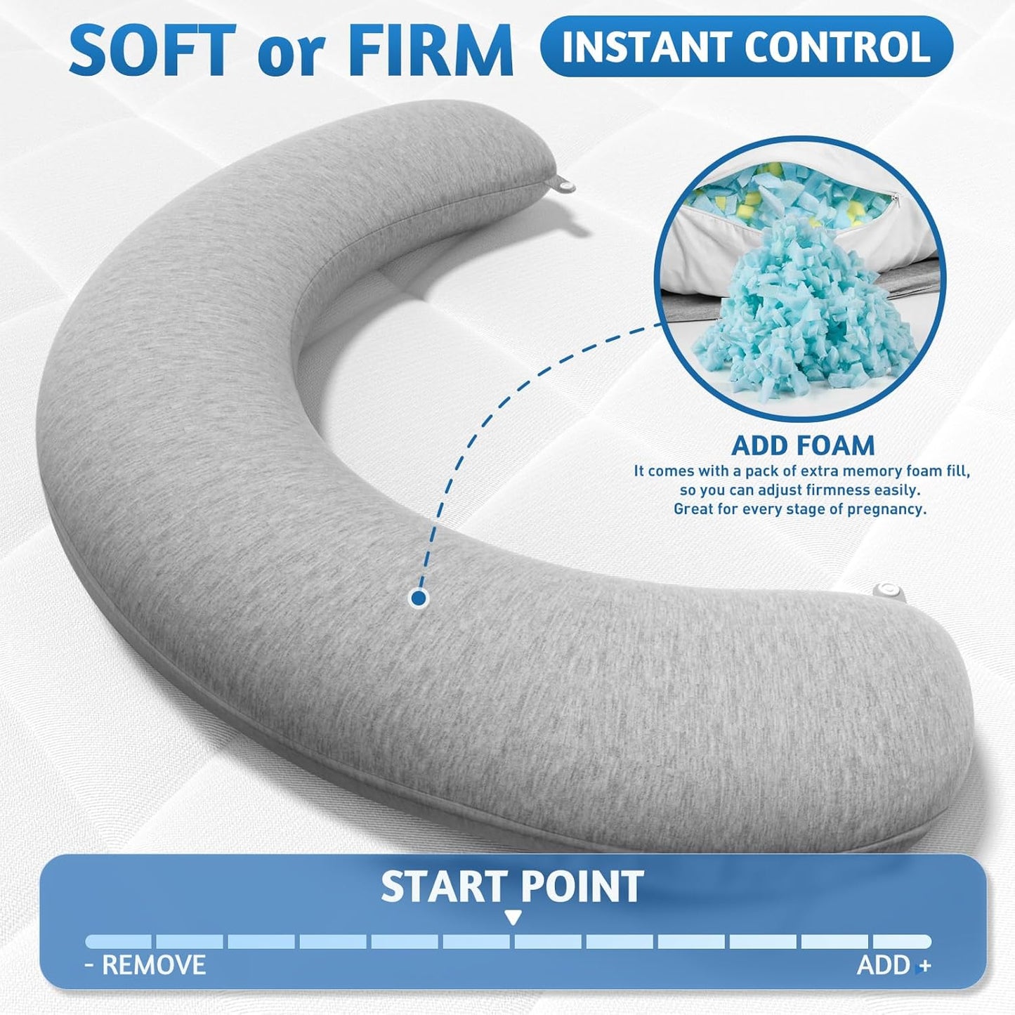 SweetSlubr C-Shaped Pregnancy Pillow - Adjustable Firmness for Full Body Support | 47.2’’ x 9.8’’