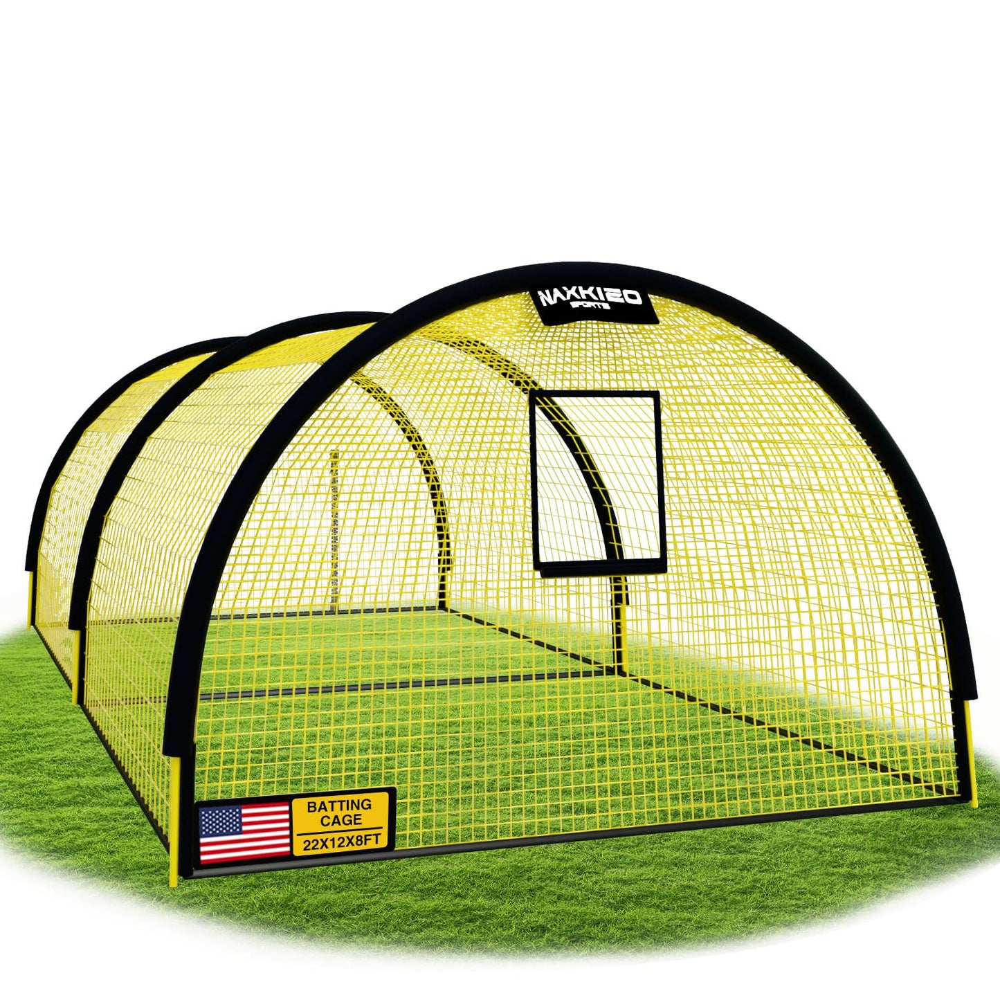 NaxKizo Upgraded 22ft x 12ft x 8ft Baseball & Softball Batting Cage Net with Pitching Machine Hole, 4ply 1.25'' Anti-Tear Netting, 13.4MM Fibreglass Poles, Portable Carry Bag