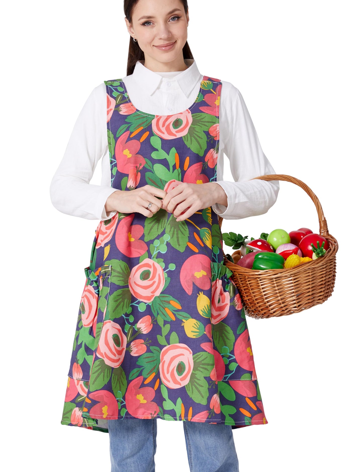 OCXXMME Adjustable Easeful Cross Back Aprons for Women Floral Aprons with Pockets Cotton Linen Blooming Tulips