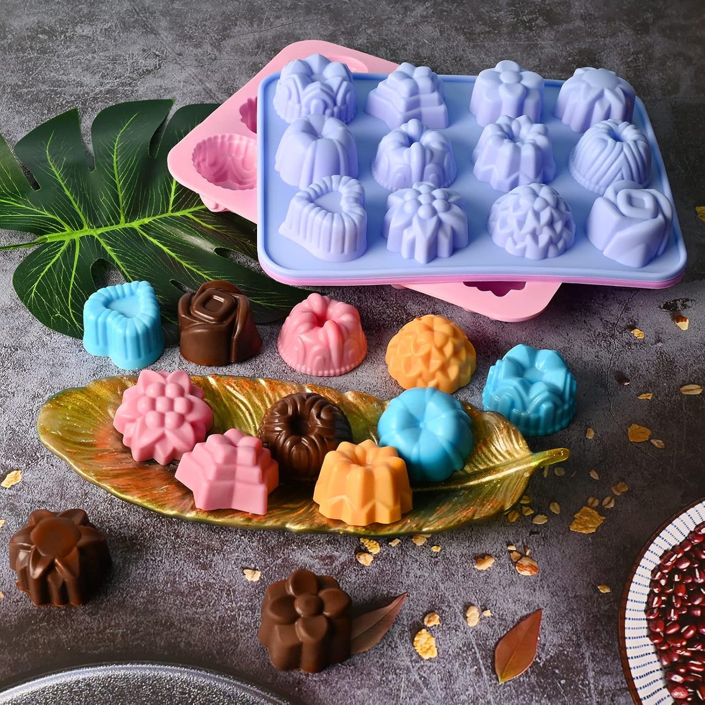 Sakolla Silicone Flower Molds - 12 Cavity Set for Chocolate, Cupcakes, Candy & More | Pink, Purple, Blue