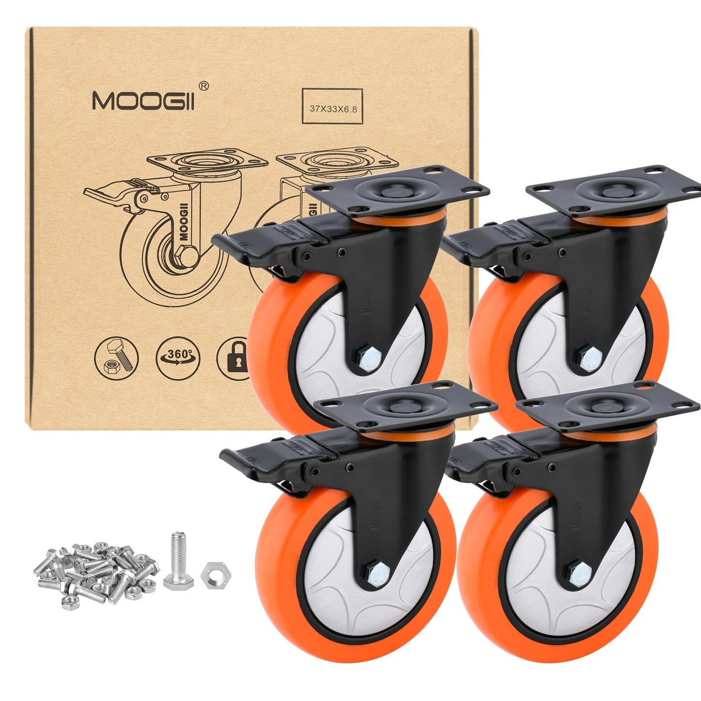 6 Inch Heavy Duty Swivel Caster Wheels with Brake - Set of 4, 3000 Lbs Capacity, PVC No Noise No Marking Wheels for Furniture, Carts, and Equipment (Includes Free Screws)