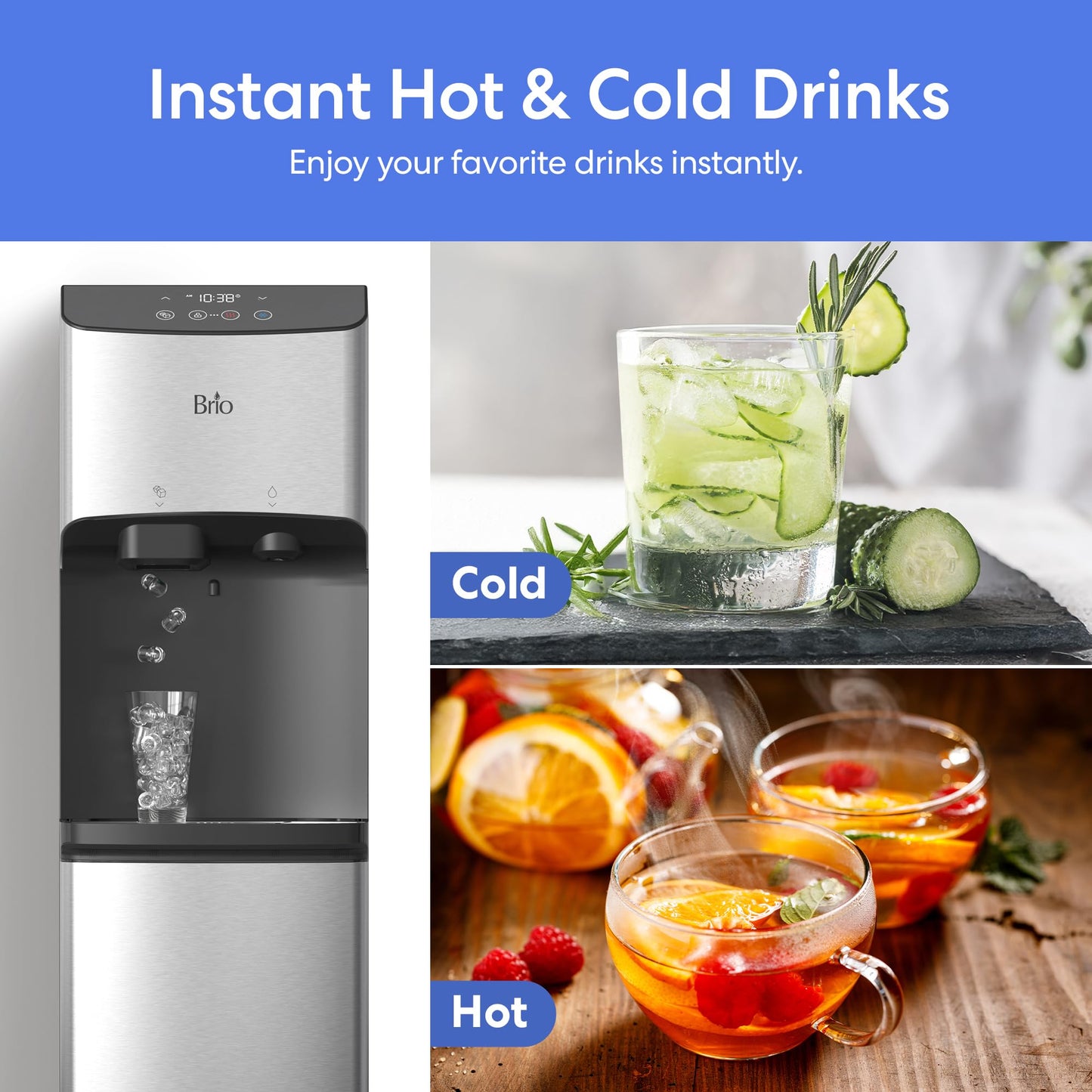 Brio 520 ICE Water Dispenser for 5 Gallon Bottle | Bullet Ice Maker Bottom Load Cooler | UV Self Cleaning, LED Touch Display with Digital Clock, Night Light, Child Safety Lock | 2X Fast Dispense