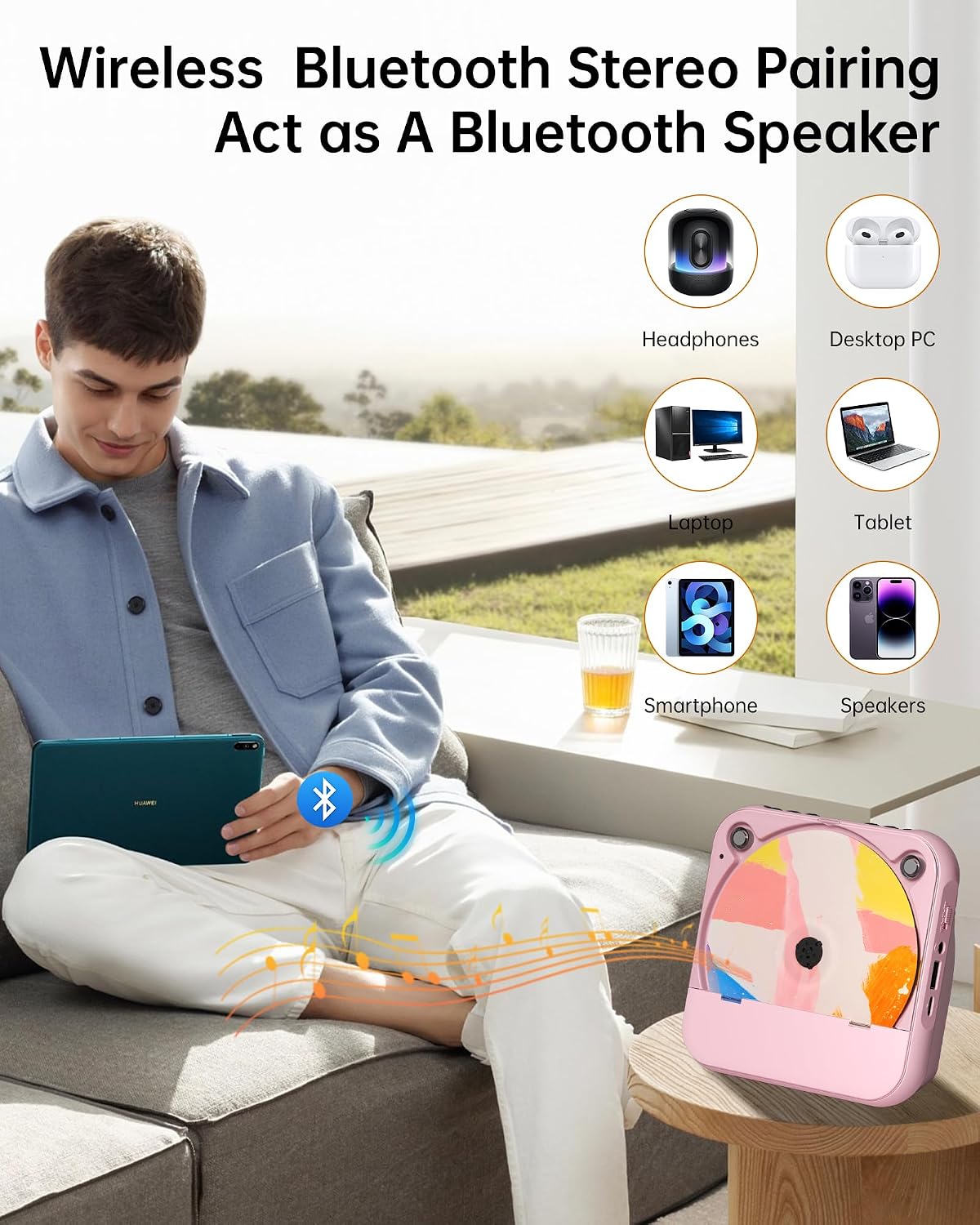 ENVYCLOUD Portable CD Player with Bluetooth, Rechargeable Wireless Mini Desktop for Home with HiFi Speaker, Cute CD