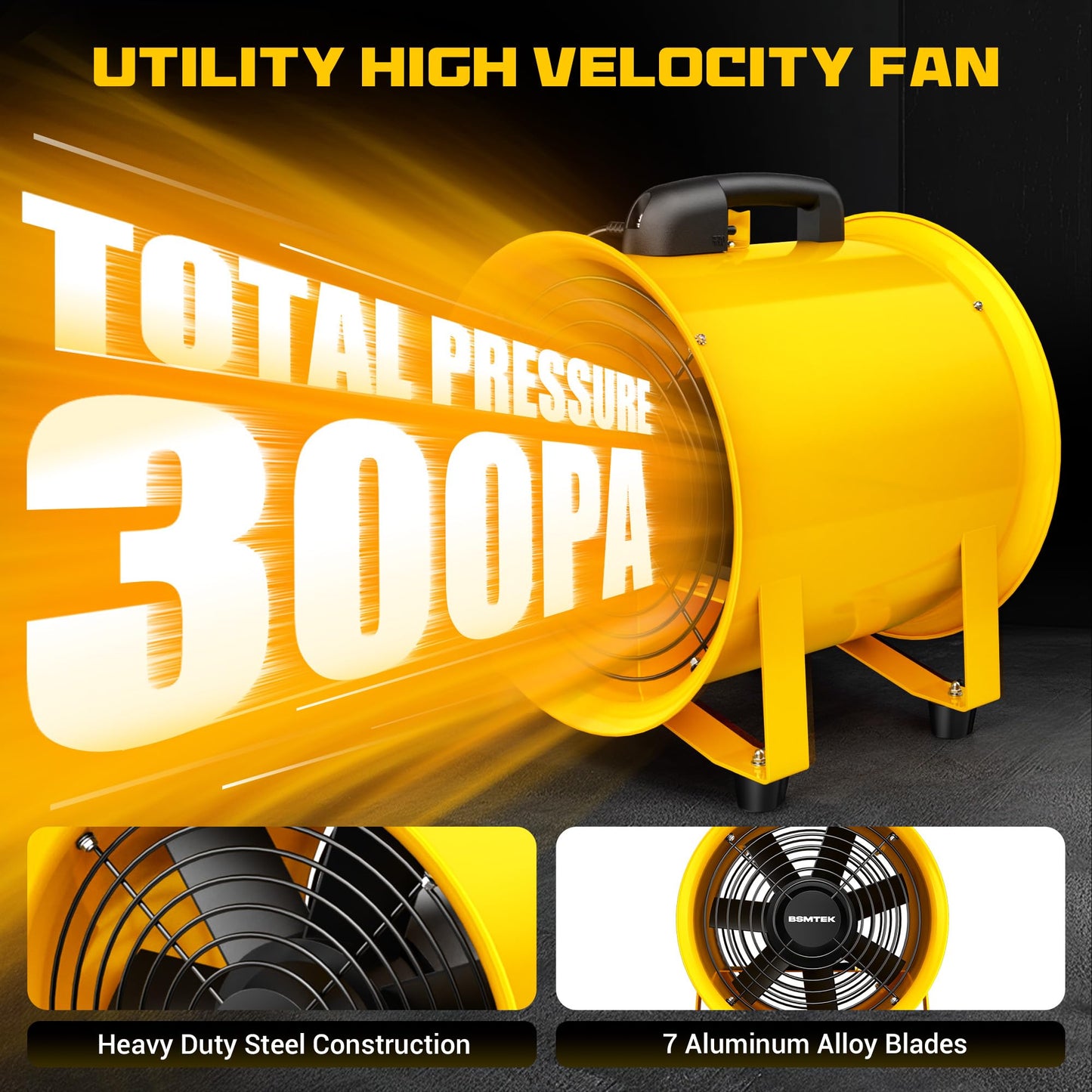 BSMTEK 12 Inch High-Velocity Air Mover Blower Fan, 3500CFM 550W with 33FT Duct Hose, Low-Noise Industrial Portable Ventilator Blower for Basements, Workshops, Warehouses, Confined Spaces