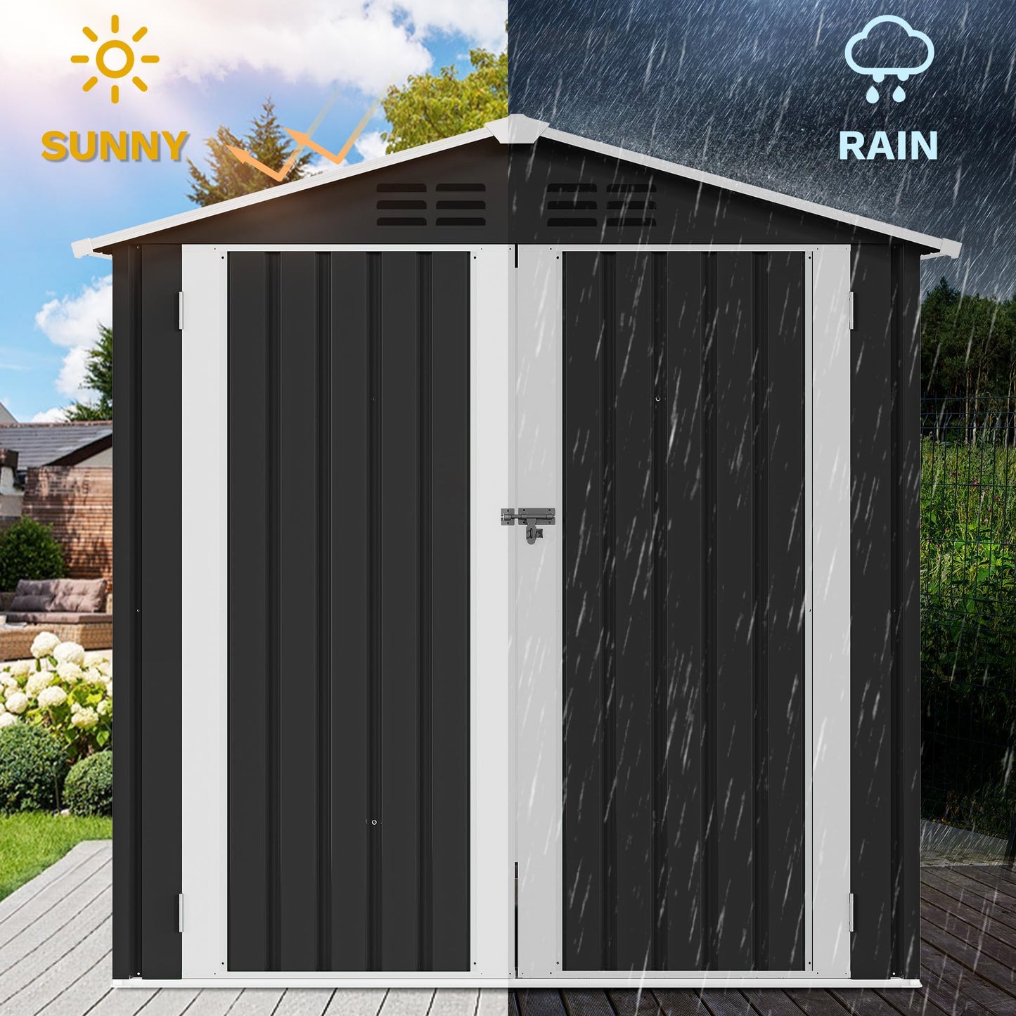 DWVO 6x4ft Large Tool Storage Shed with Window, Lockable Doors, and Sloped Roof, Oversized Steel Outdoor Storage Shed for Garden, Patio, Garage, Backyard, Lawn - Gray White