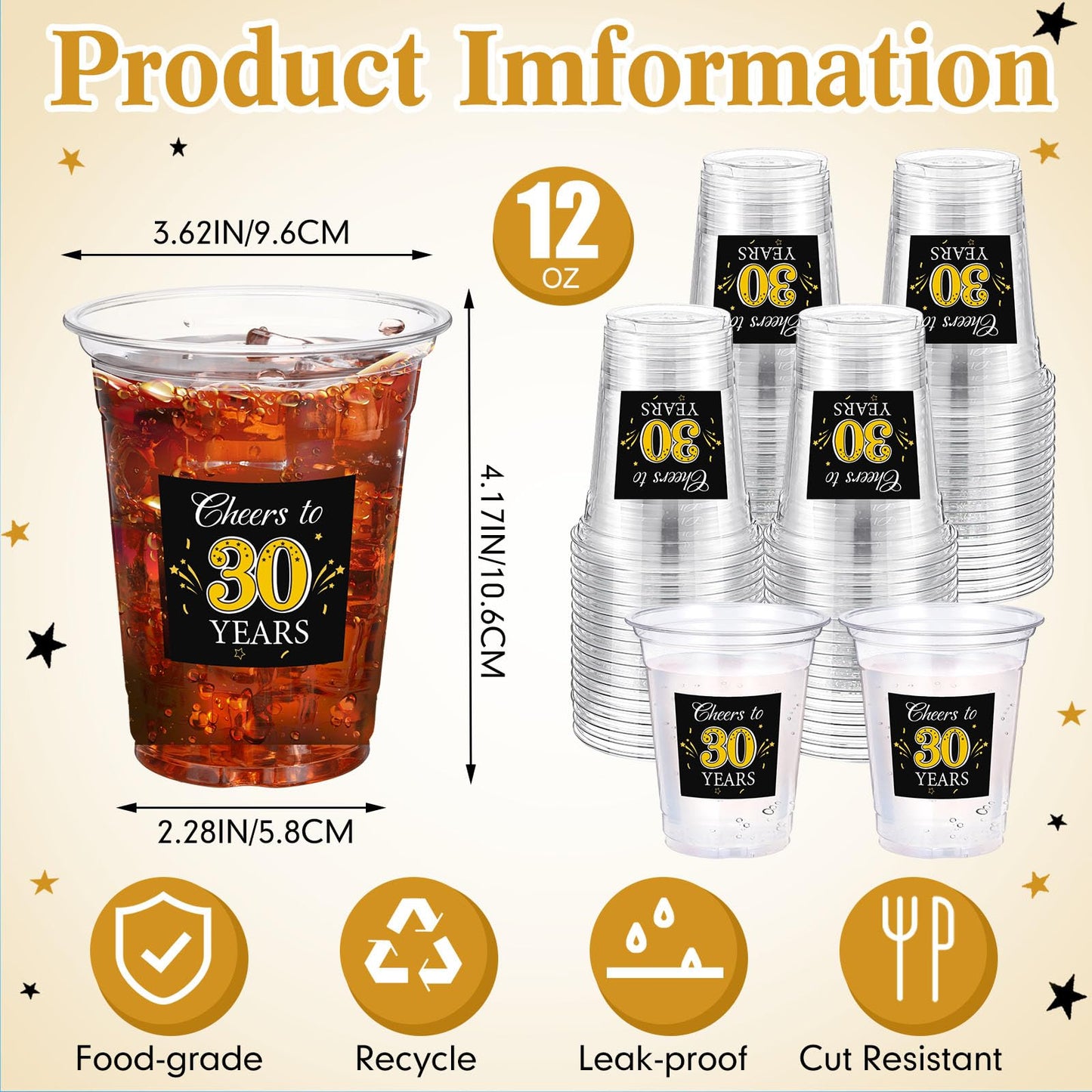 Funnymoom 100 Pack 30th Birthday Cup 12 oz Cheers to 30 Years Happy Birthday Disposable Clear Plastic Cups for Him Men Women Wedding Anniversary Decorations Party Favors