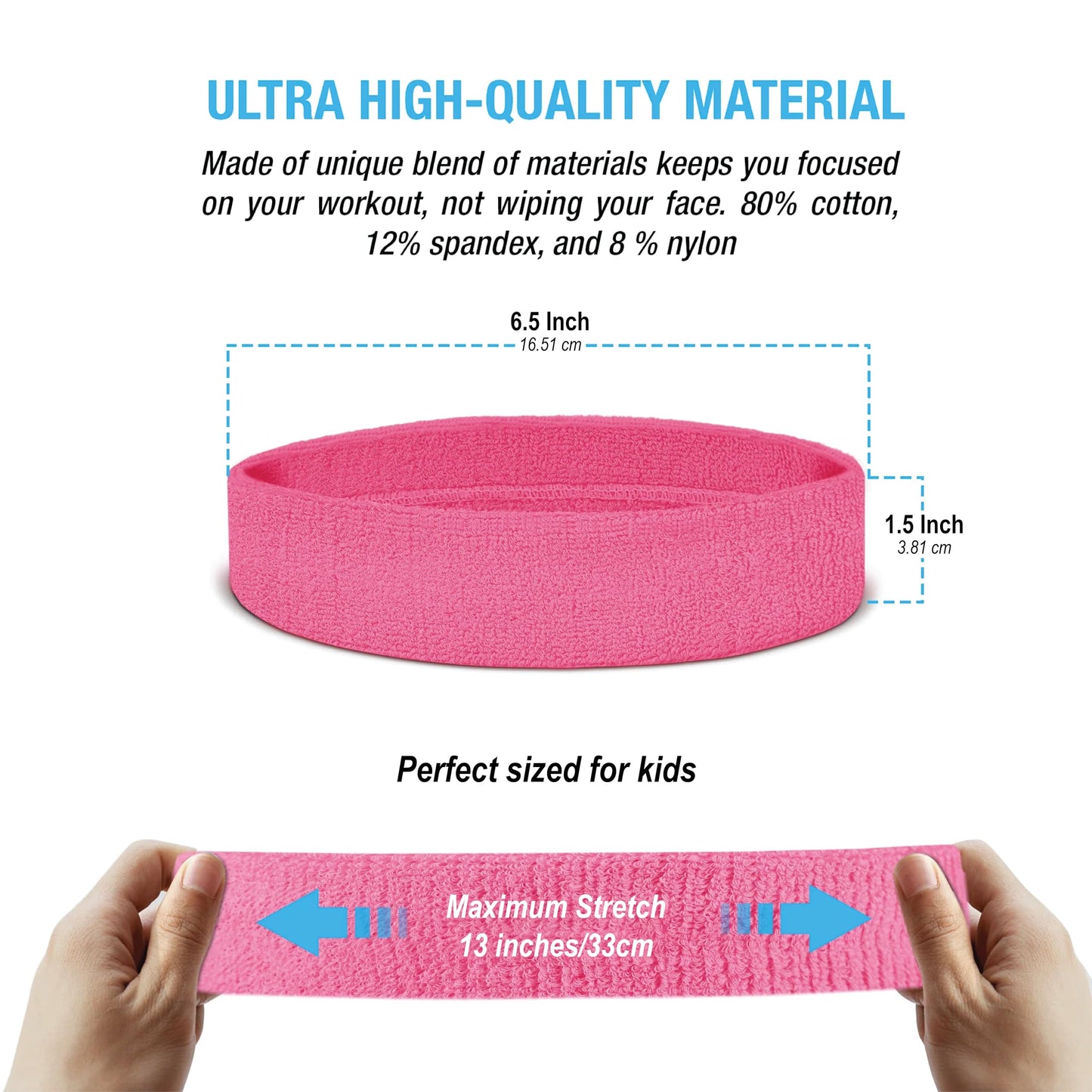 Suddora Sweatbands for Kids, Moisture Wicking 2 Wristbands and 1 Headband Set, Soft and Skin-Friendly Fabric, Moisture-Wicking Athletic Sweat Bands for Basketball, Baseball, Soccer, Pink