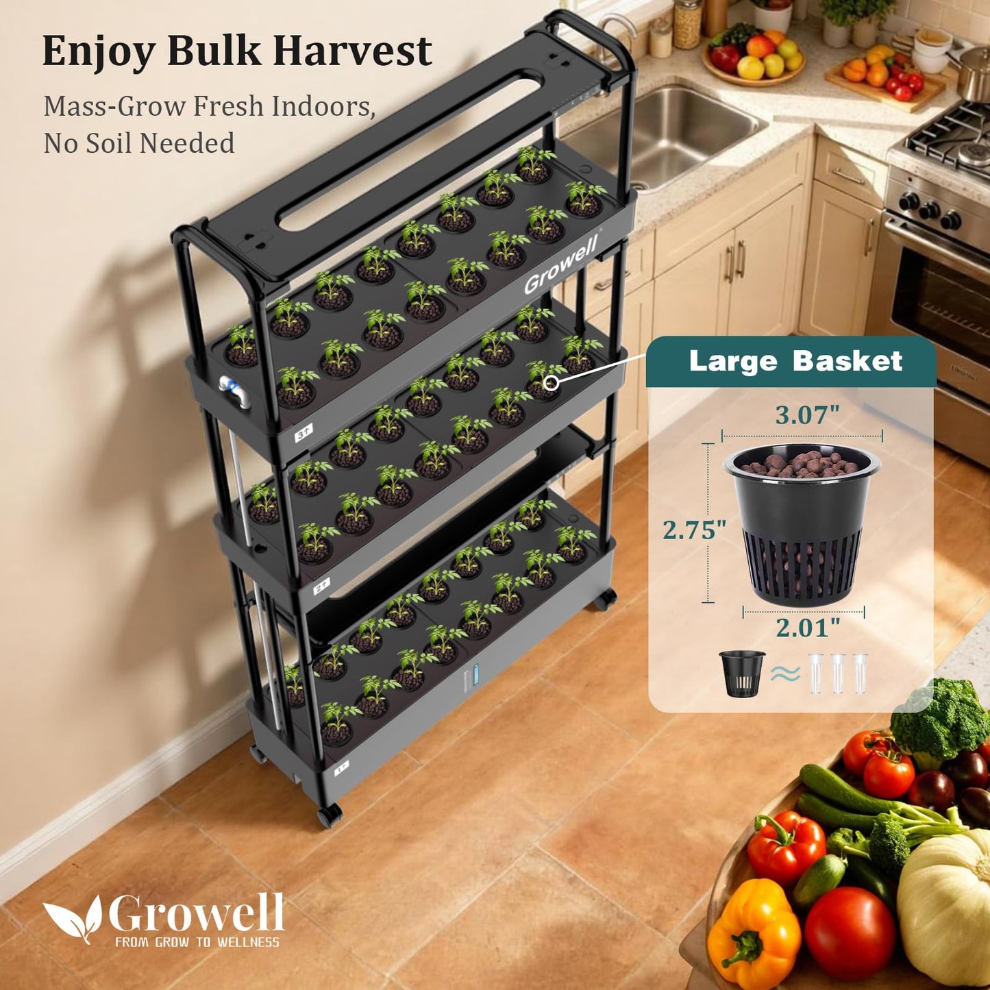 Growell Large Basket Hydroponics Growing System Kit, 48 Pods Vertical Hydroponic Garden with 2 Grow Light Modes, Auto Circulating Water System, 40L Indoor Gardening System for Herb Vegetable Fruit
