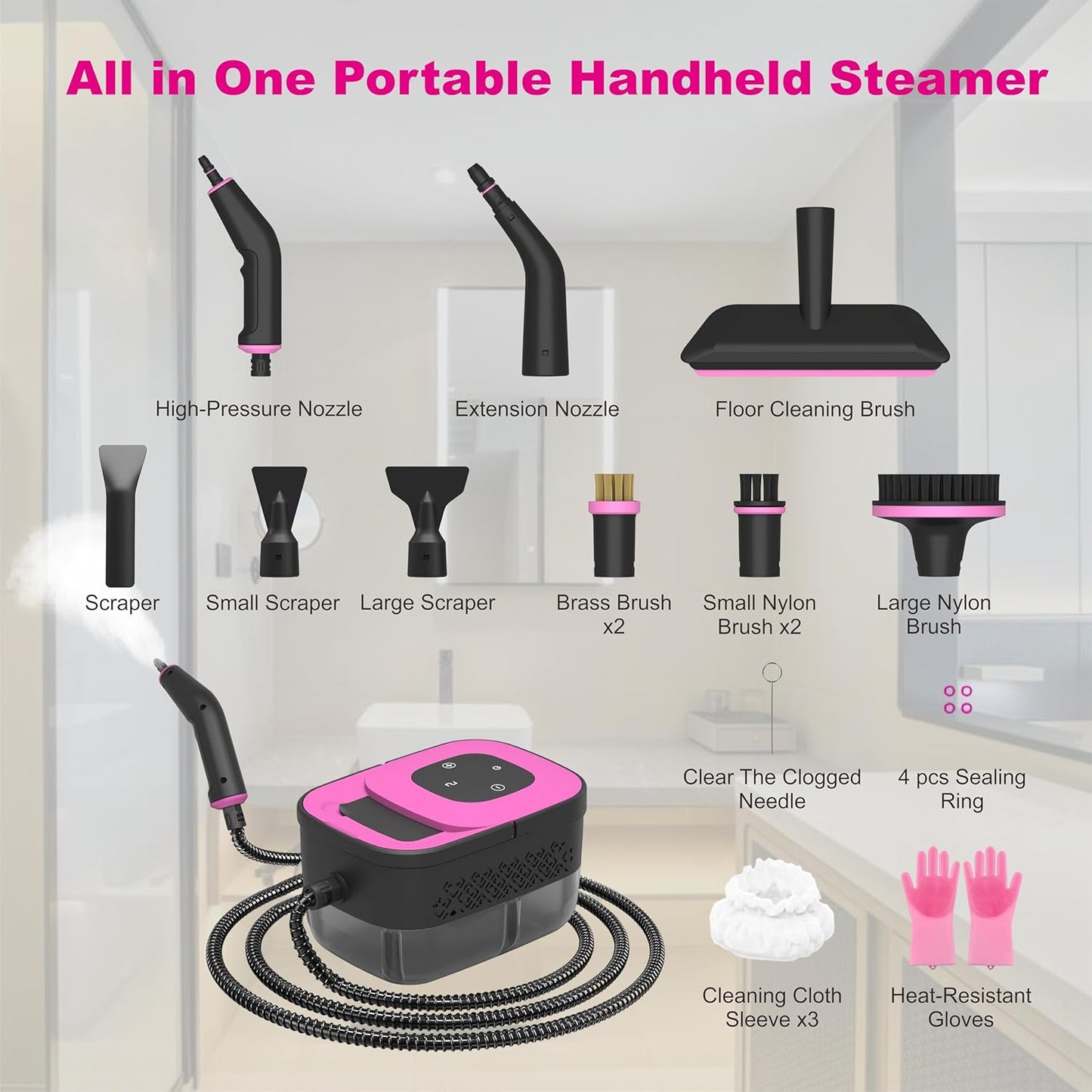 Skiennix Portable Steam Cleaner - 16-Piece Accessory Set | 6-Level Adjustable Heat, Fast 15s Heat-Up, Lightweight Design for Home & Car Detailing