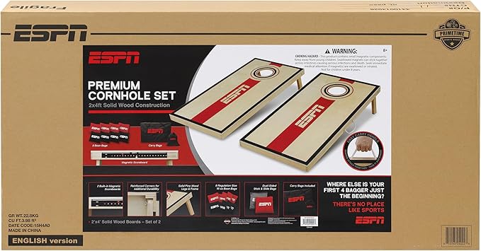 ESPN Solid Wood Cornhole Board Set, Includes Bean Bags and Travel Case, Ideal for Outdoor Games