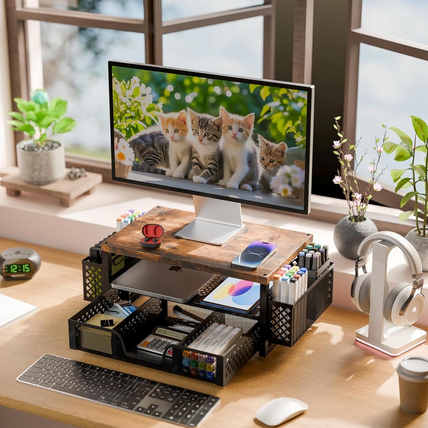 2 2-Tier Simple Trending Desk Organizers and Accessories, Computer Monitor Stand Riser with Drawer and Pen Holders