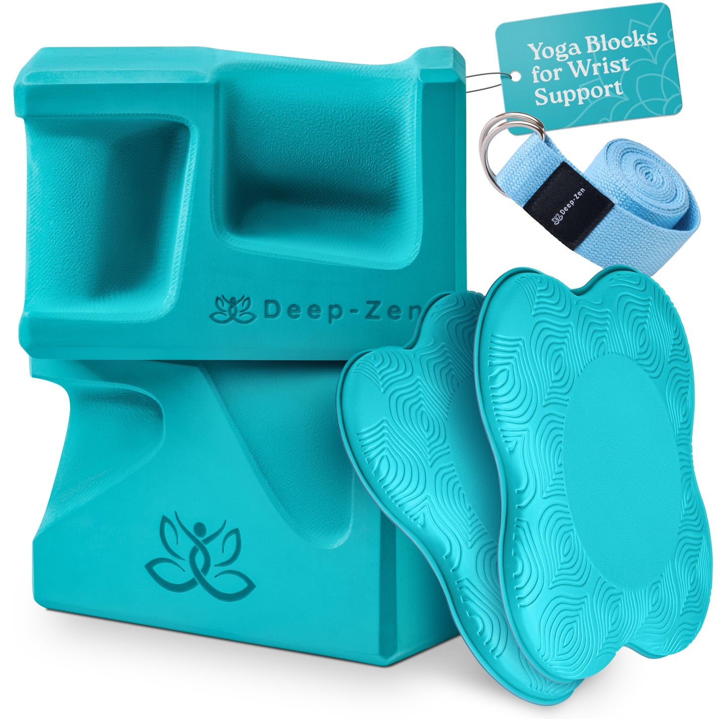 Deep-Zen PRO Yoga Blocks | Ergonomic Yoga Block 2 Pack for Wrist Comfort and Support | EVA Foam Exercise Blocks, 2x Knee Pads & Yoga Strap | Pilates Block Set | Bricks to Eliminate Wrist Pain (Blue)