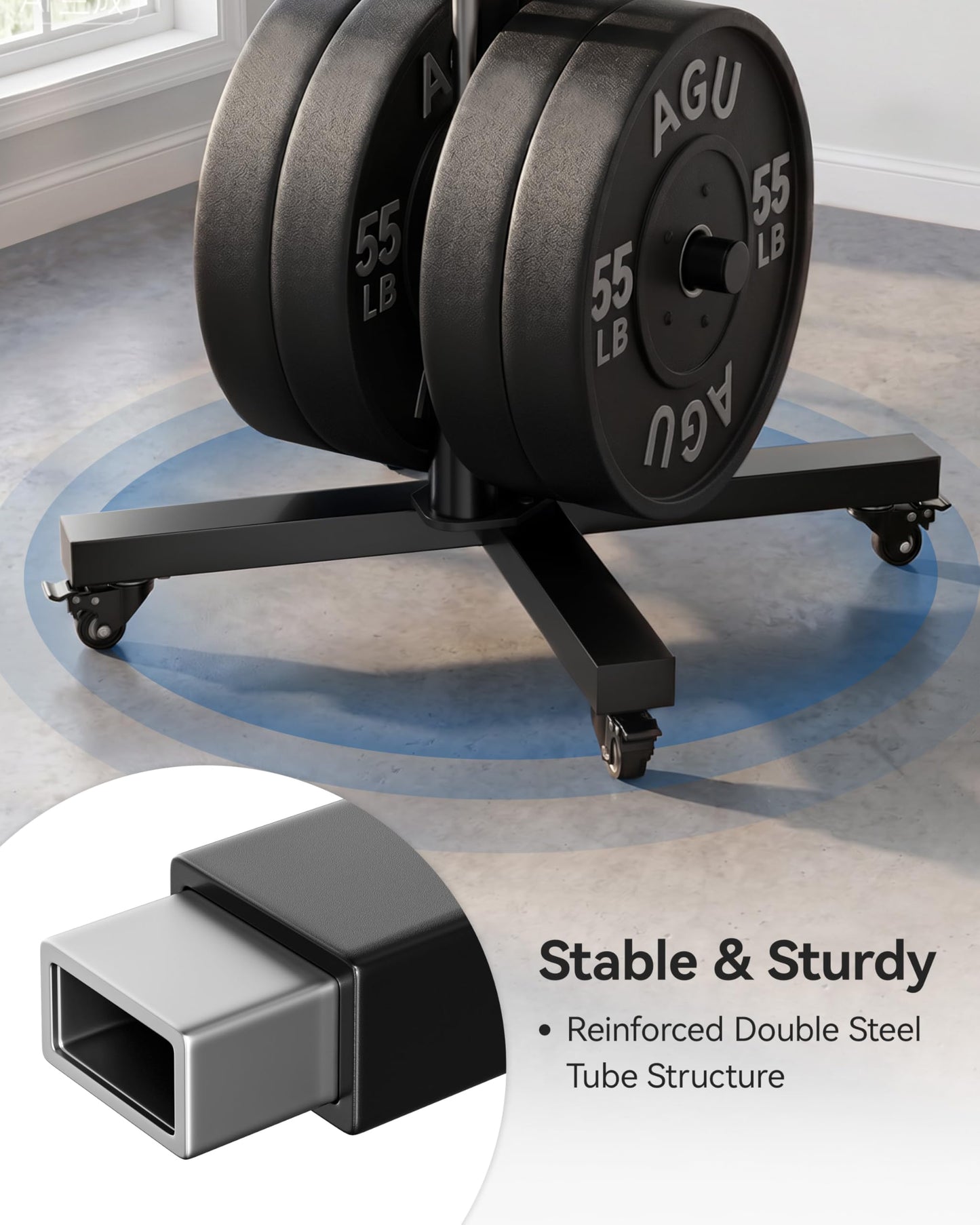 Movable Olympic Weight Plate Tree with 6 Metal Pegs, Fits 1" & 2" Weight Plates, Heavy Duty Storage Rack with Barbell Holders for Home & Garage Gym