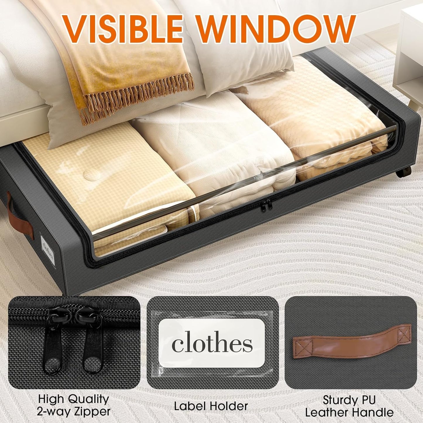 SpaceHacks Under Bed Storage Containers - 2-Pack Rolling Drawers with Clear Windows & Labels | Dark Grey (30.71 x 16.93 x 6.69 in)