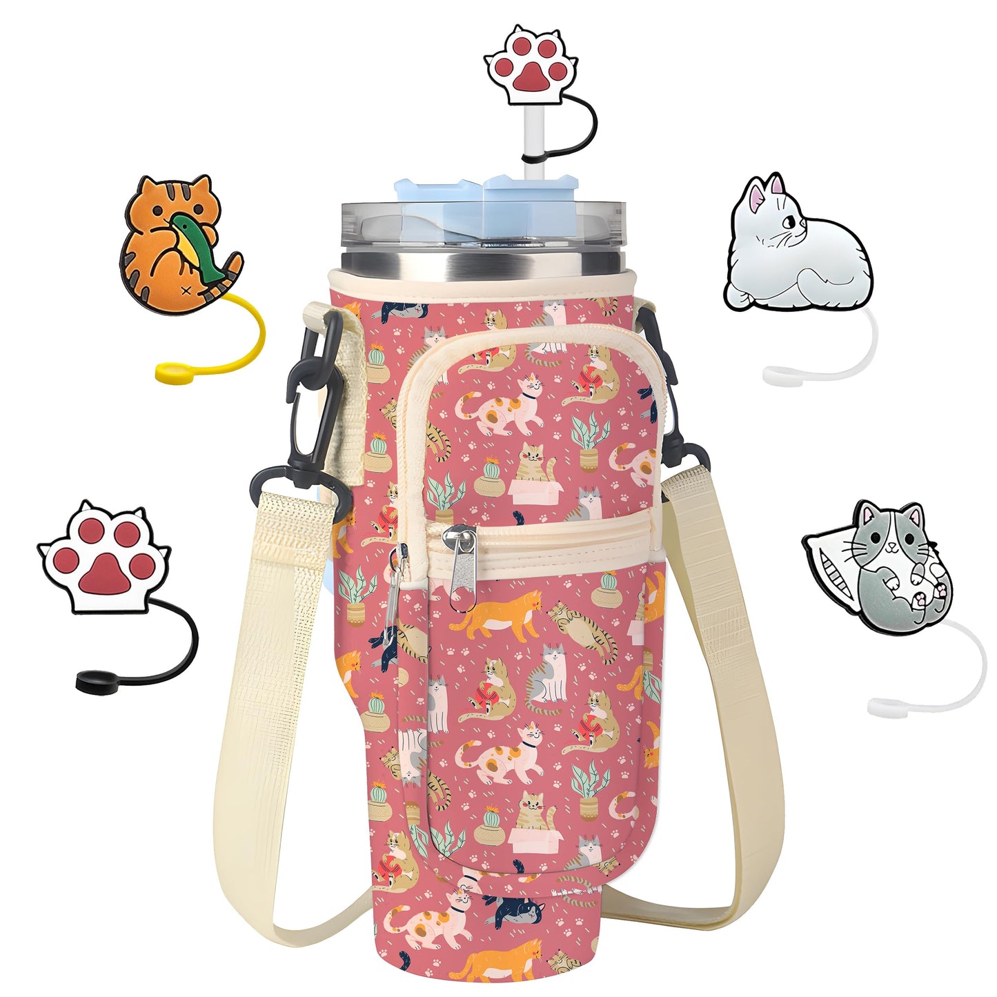 Cup Bag with Pockets, Cute Cat Print Cup Holder for 40oz Tumbler with Handle,Carrier Bag with 4Pcs Straw Covers