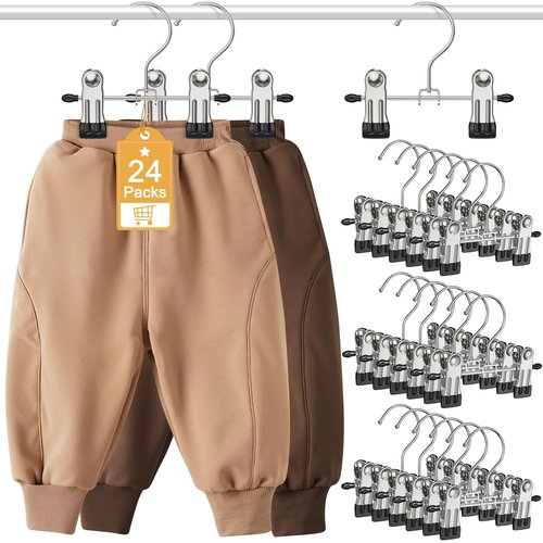 Eunhdet 24 Pack Baby Hangers with Clips, 360°Rotatable Toddler Pant Hangers with Clips, Non-Slip Space Saving Kids Hanger for Newborn Children Clothes Skirts Boots Closet Organizers, Black