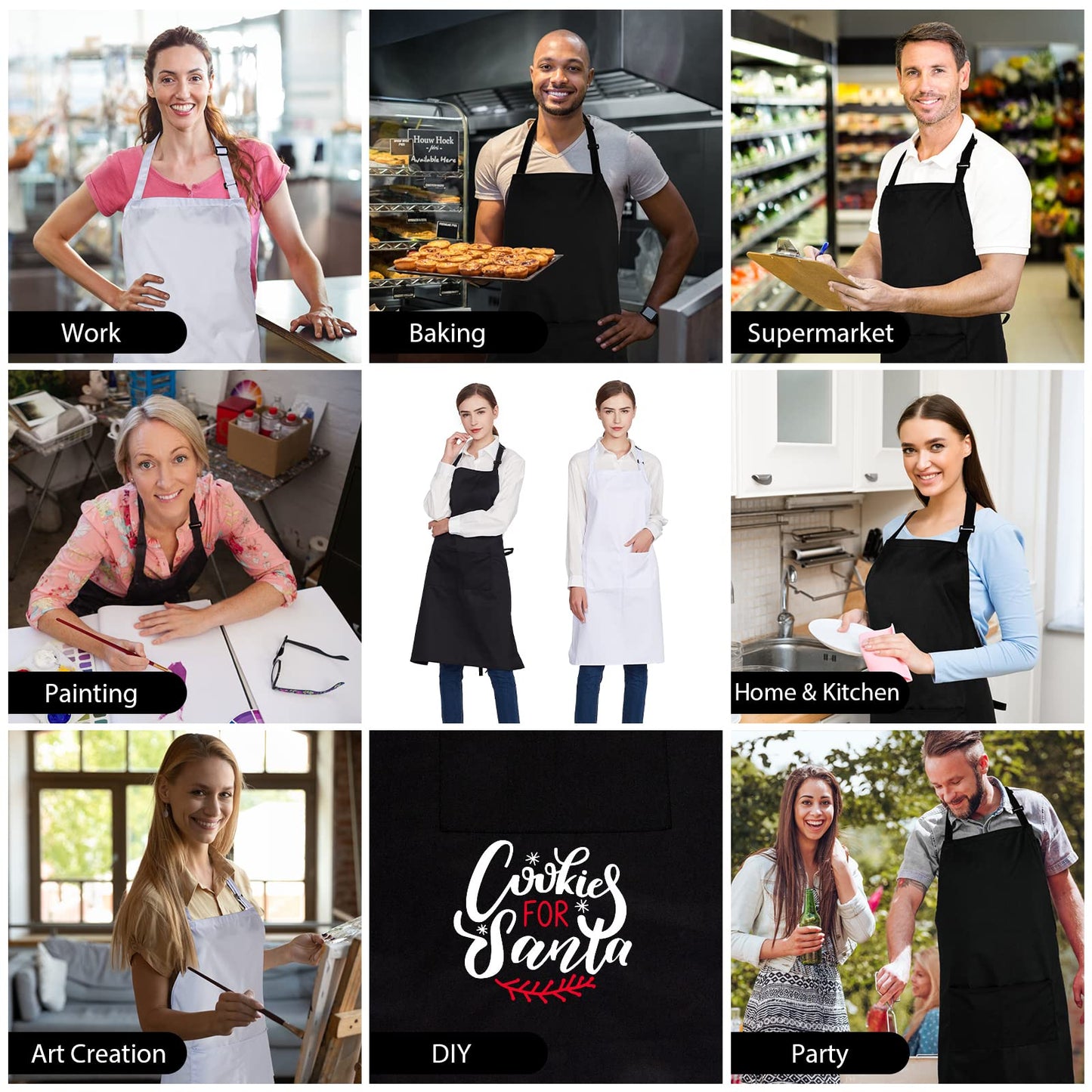 Jubatus 12 Pack 100% Cotton Aprons Bulk with 2 Pockets Cooking Chef Kitchen Adjustable Bib Apron for Women Men, Black
