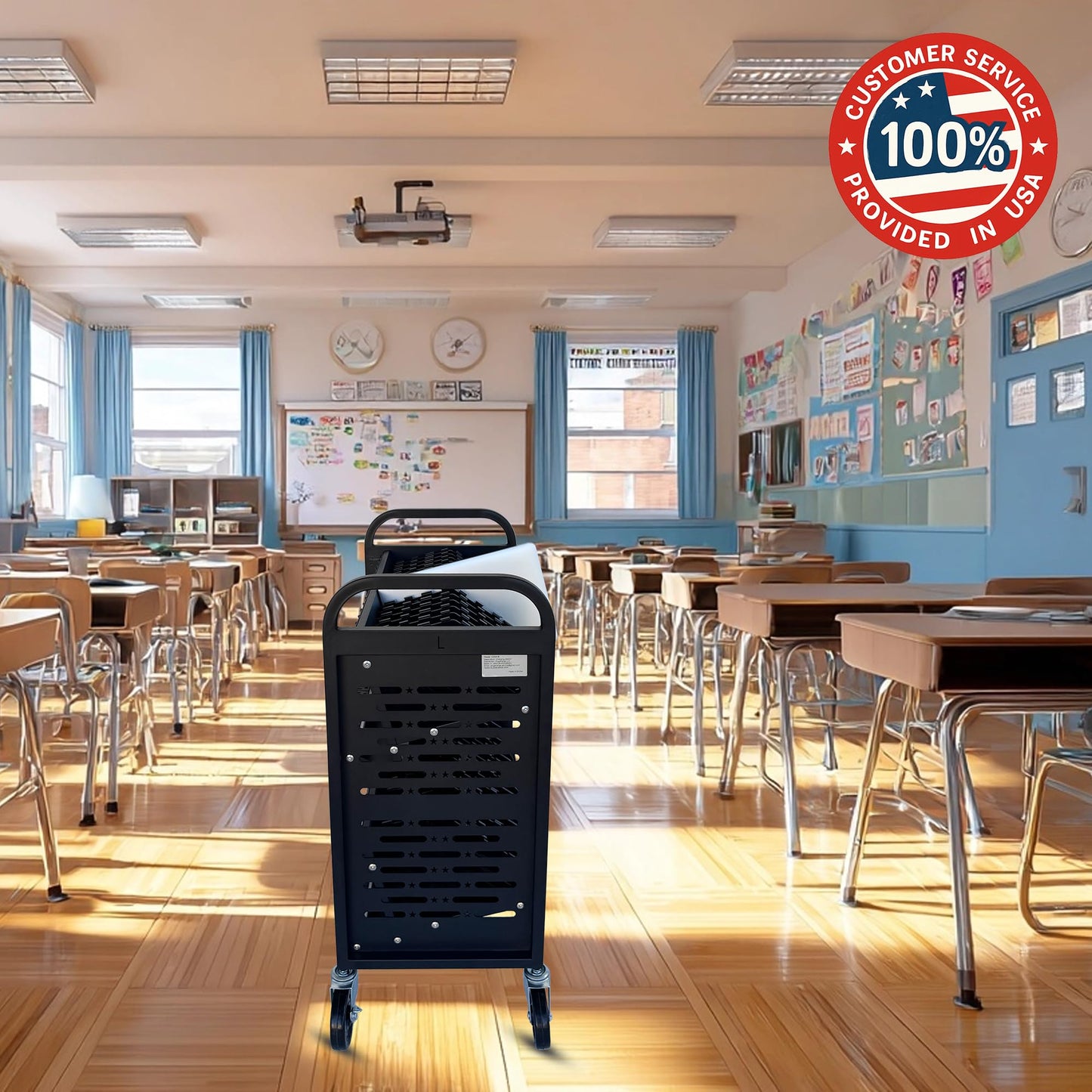 Plugsharge 32-Device Laptop & Tablet Charging Cart for Classroom, Mobile Chromebook Charging Station with Cable Management, Surge Protection, Locking Wheels & Device Storage for Schools & Offices