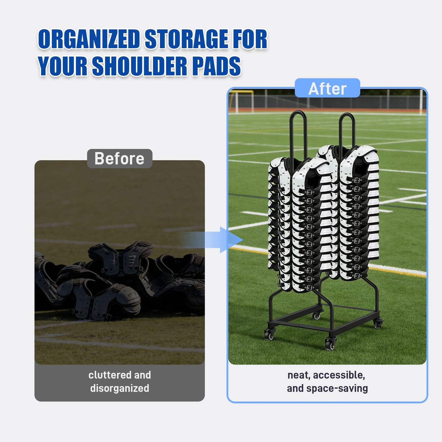 Football Shoulder Pad Rack with Lockable Wheels, Heavy Duty Steel Football Shoulder Pad Organizer, Large Capacity Sports Equipment Storage Rack for Locker Room, Team Equipment and Training Facilities