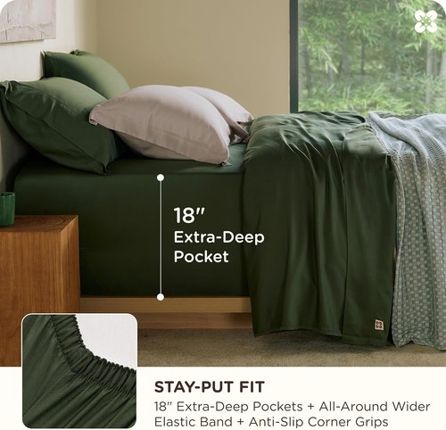 Bedsure Queen Sheet Set - 100% Organic Bamboo Viscose | Cooling & Silky Soft | 18" Deep Pocket | Oeko-Tex Certified [Olive Green]