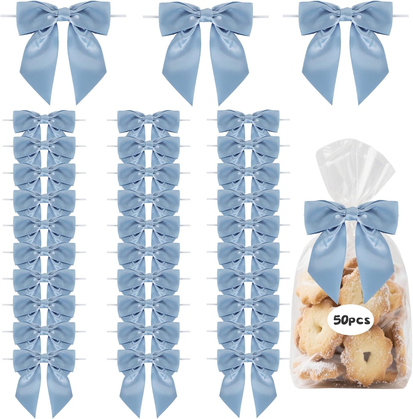 TONIFUL Decorative Dusty Blue Satin Ribbon Bows - 50pcs, 4.5 Inch for Gift Wrapping & Crafts