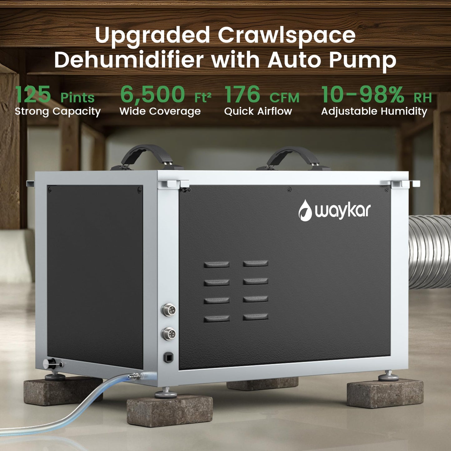 Waykar 125 Pints Crawl Space Dehumidifier with Remote Control and Pump, Dual Duct HVAC Commercial Whole-House Dehumidifier for Basement, Industrial Water Damage Unit - 5-Year Quality Coverage