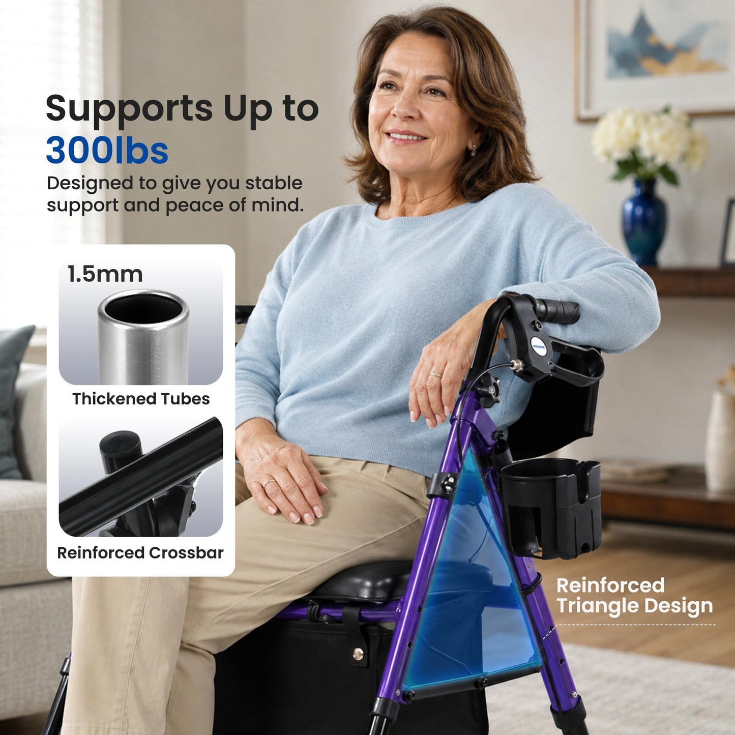 Metro Mobility 2 in 1 Rollator Walker & Transport Wheelchair, Foldable Lightweight Rollator Walker with Seat for Seniors, 8" Big Wheels for All Terrain, 300 lb. Weight Capacity, Purple