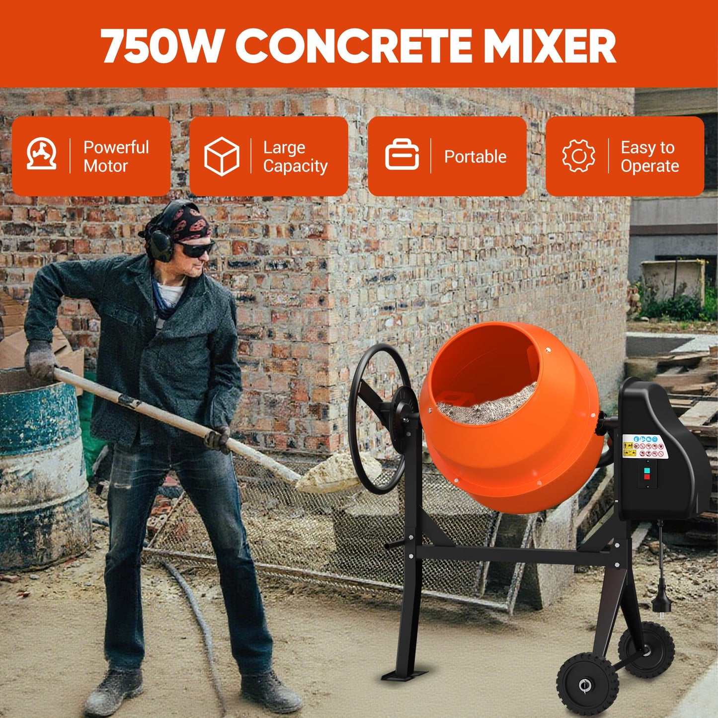 Concrete Mixer Machine 5.3 Cu.Ft. – 750W 1HP Heavy Duty Portable Industrial Cement Mixing Machine with Wheel & Stand for Stucco, Mortar, Seeds, Orange