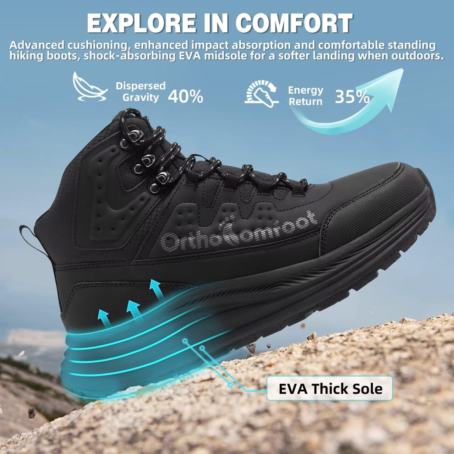 Men's Orthopedic Wide Mid Trekking Hiking Boots: Comfortable Plantar Fasciitis Orthotic Arch Support Bunions Recovery Sport Boot, Leisure Slip Resistant Outdoor Hang Out Walking Shoes Black Size 11