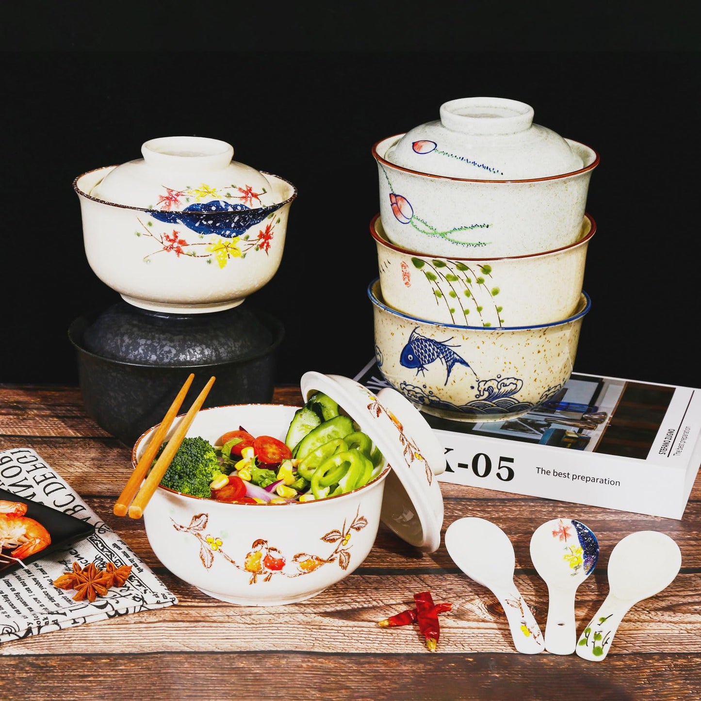 Ceraozmus Ceramic Ramen Bowl Set, 800ml, with Lid, Spoon and Chopsticks, Japanese Vintage Large Soup Bowls Instant Noodle Bowl Asian Tableware (Fish*1)