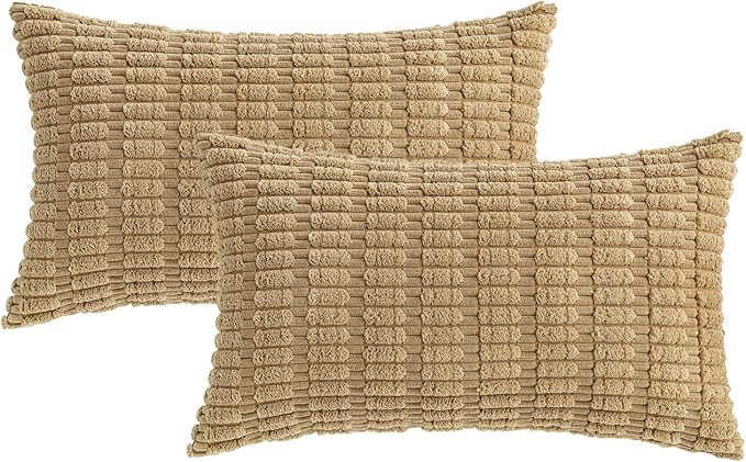 MIULEE Pack of 2 Corduroy Decorative Lumbar Throw Pillow Covers 20x12 Inch Soft Boho Striped Pillow Covers Modern Farmhouse Home Decor for Sofa Living Room Couch Bed Khaki