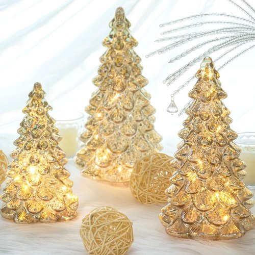 KI Store Lighted Glass Christmas Tree Figurine - Set of 3 Mercury Glass Decorations | Battery Operated with Timer