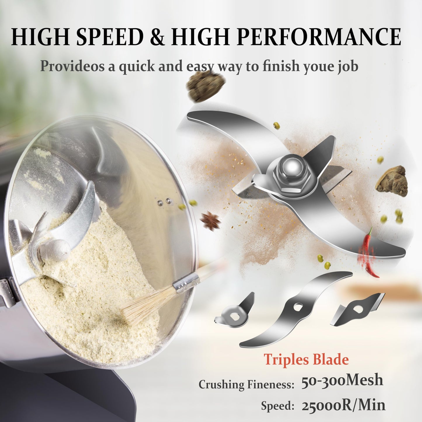 INSELY 1000g Grain Mill Grinder High Speed Food Grain Mill Stainless Steel Seeds Flour Wheat Nut Spices Corn Pill Herbs & Seasonings Dry Grinder Electric Machine Grinder for Kitchen