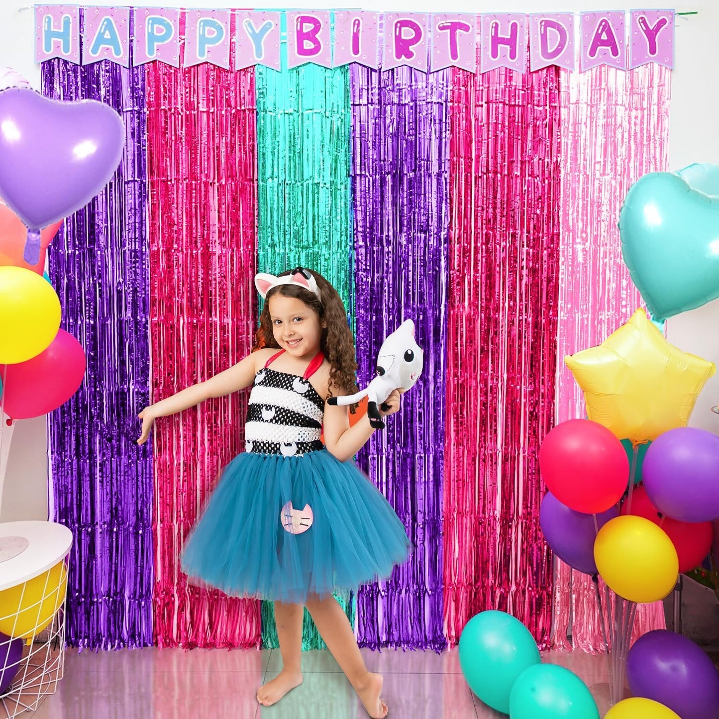 Satankya 2 Pack Cute Dollhouse Birthday Decorations, Dollhouse Party Photo Booth Prop, Purple Pink Teal Fringe Curtains