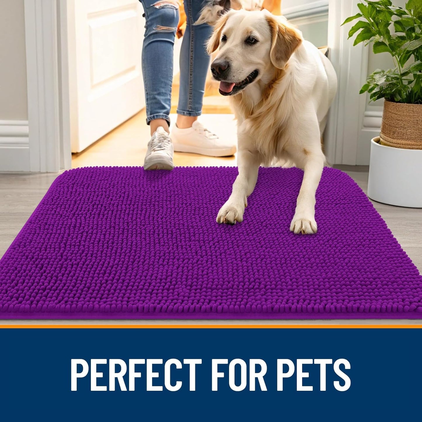 OLANLY Dog Door Mat - Absorbent Non-Slip Washable Doormat for Muddy Paws | 59x35 Purple Chenille Mat