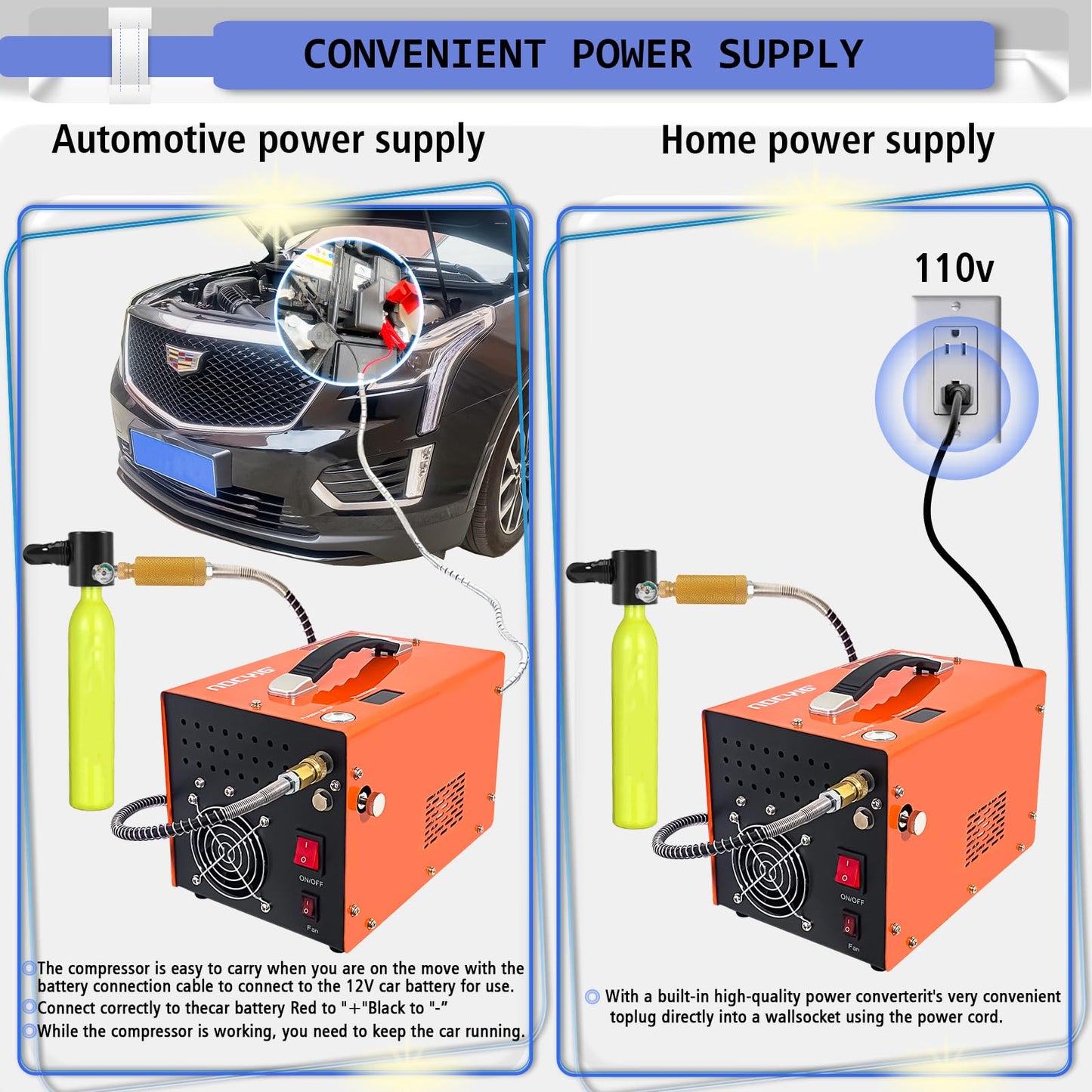 NDCYJG PCP Air Compressor 4500Psi 30Mpa Waterless/oil-free Air Pump Rifle Pistol Paintball Tank Power Supply Built-in 12V car DC 110V AC Household with Power Converter And Oil Wet Filter Easy To Carry
