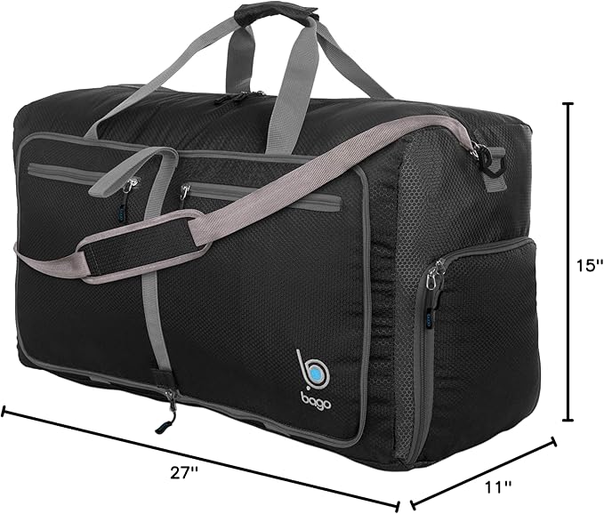 Bago Large Foldable Duffel Bags for Traveling Women & Men - 80L Packable Duffle Bag for Travel with Shoe Compartment - Water Repellant, Heavy Duty, Lightweight Folding & Collapsible (Black)