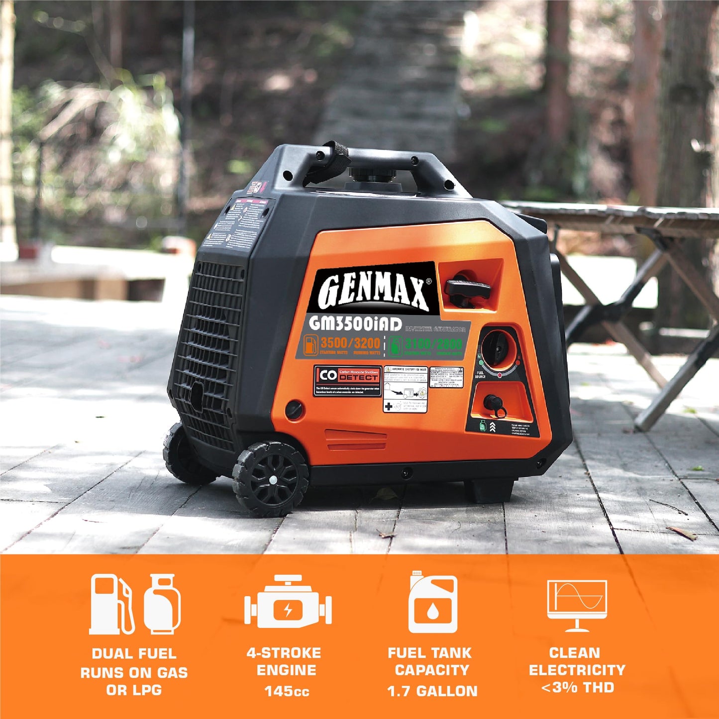 GENMAX Portable Generator, 3500W Super Quiet Gas or Propane Powered Engine with Parallel Capability, Manual start，Ideal for Camping Travel Outdoor.EPA Compliant