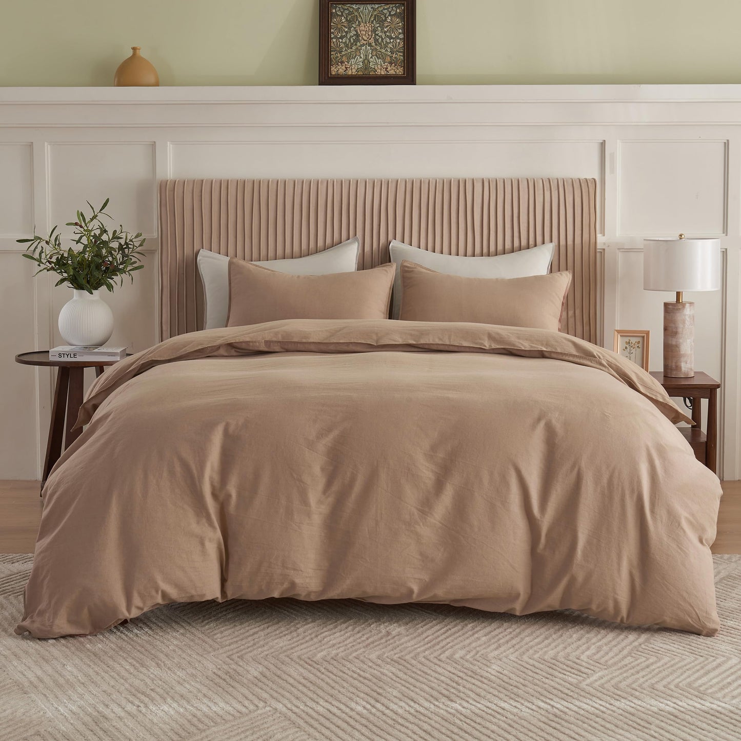 BISELINA French Linen Duvet Cover Set 3pcs Embroidered Willow Leaf 55% Flax 45% Cotton Blend Soft Breathable Luxury Bedding (Queen, Embroidery Navy Blue)