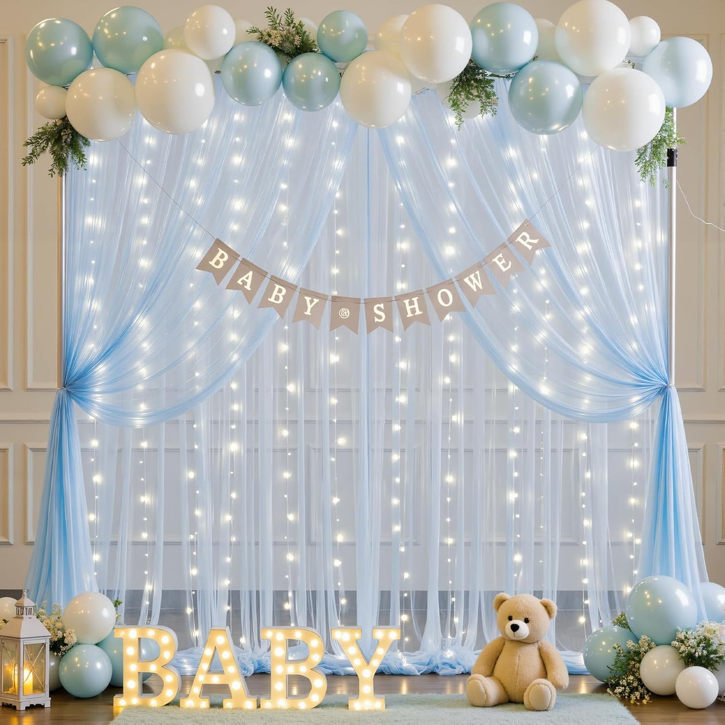 Suppromo 10ft 10ft x Baby Blue Tulle Photo Backdrop Curtain with Lights String for Parties Wedding Sheer Blue Curtain